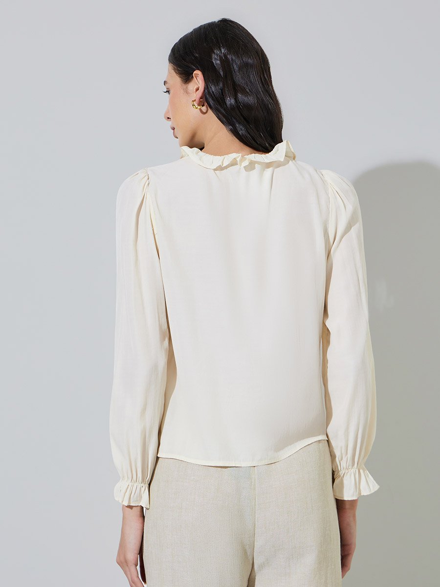 Cream Long Sleeve Blouse with Tie Neck Detail