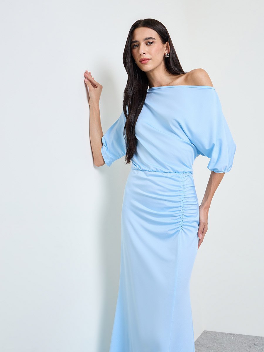 Blue One-Shoulder Flared Maxi Dress