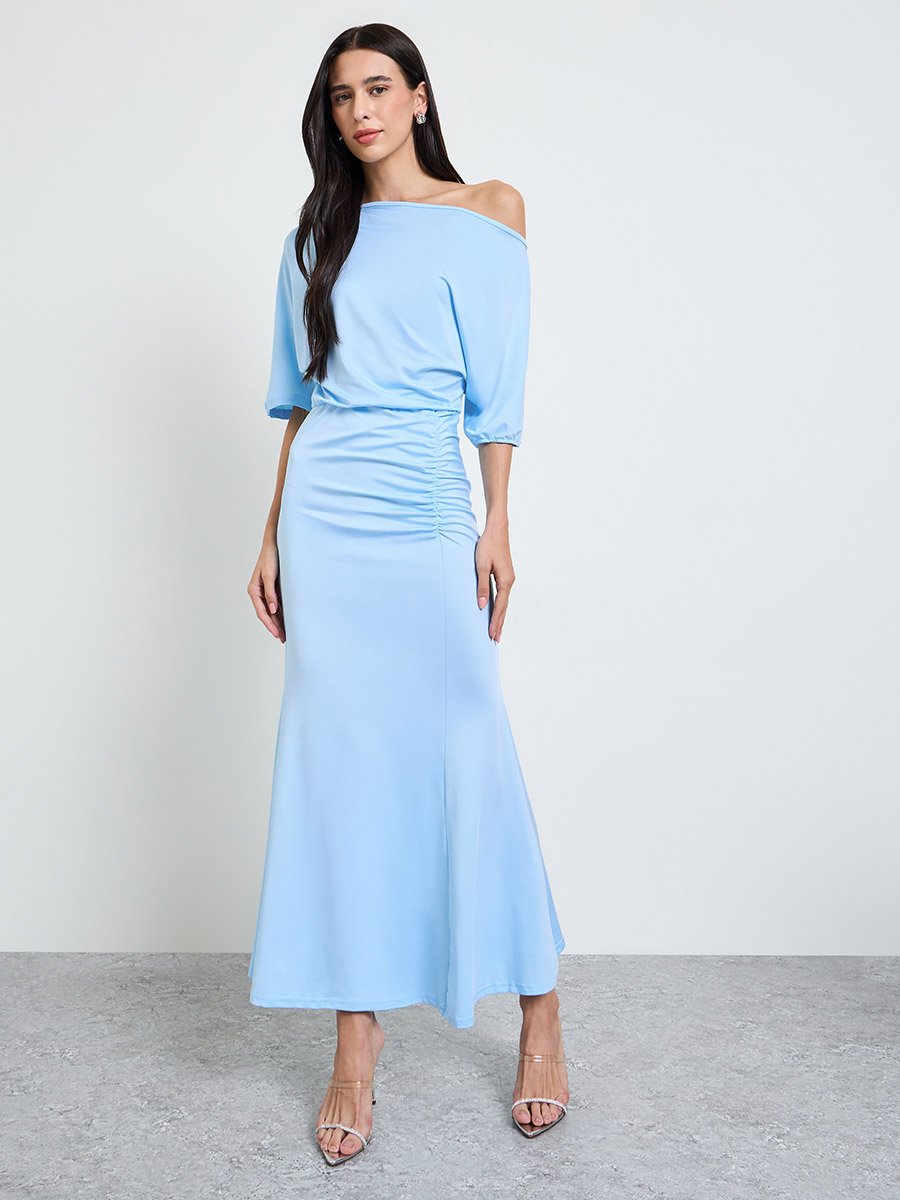 Blue One-Shoulder Flared Maxi Dress