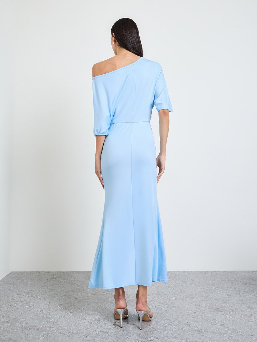 Blue One-Shoulder Flared Maxi Dress