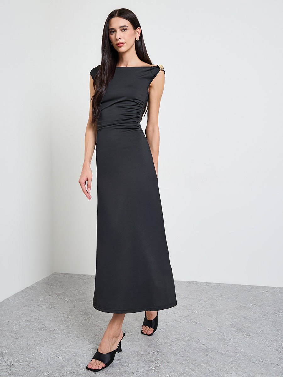 Black Sleeveless Maxi Dress with Metal Detail