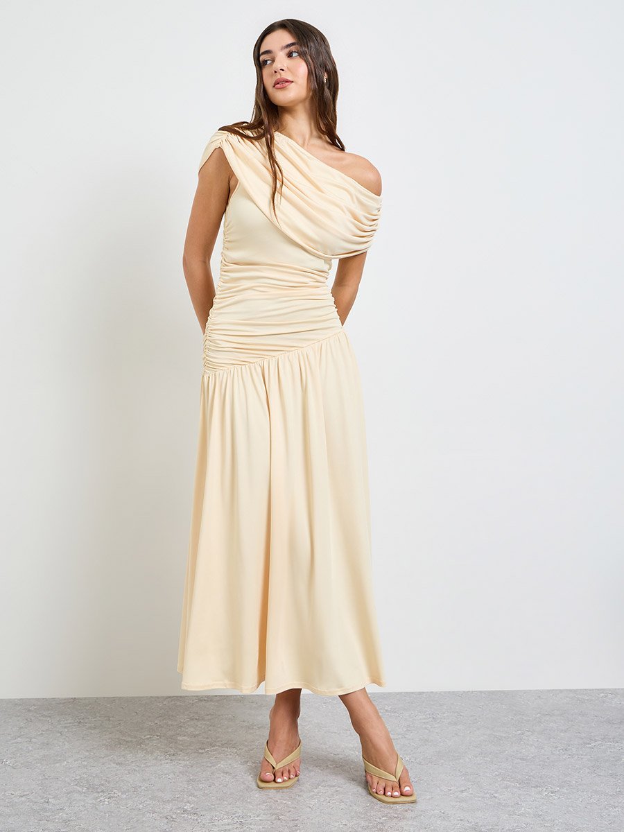 Beige One-Shoulder A-Line Maxi Dress