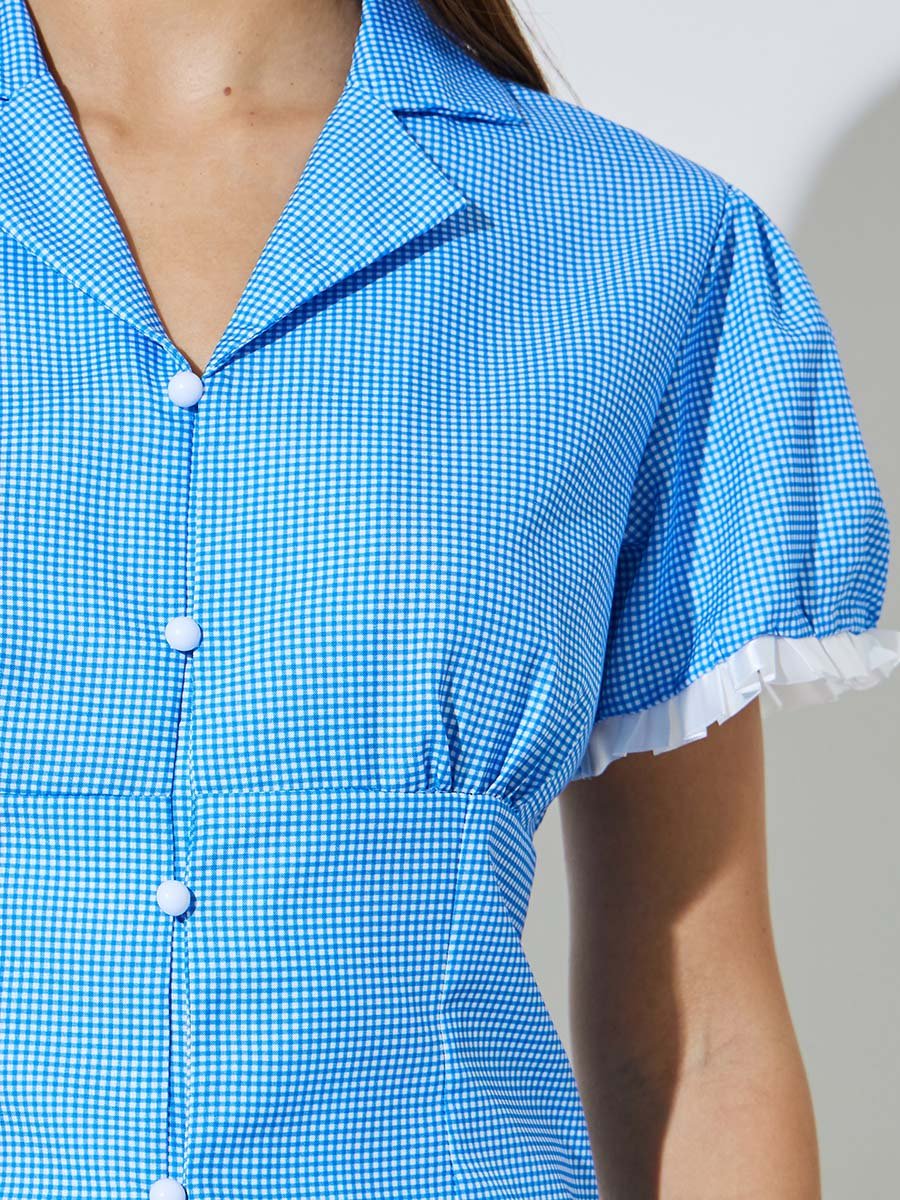 Blue Gingham Fitted Shirt with Lace Trim