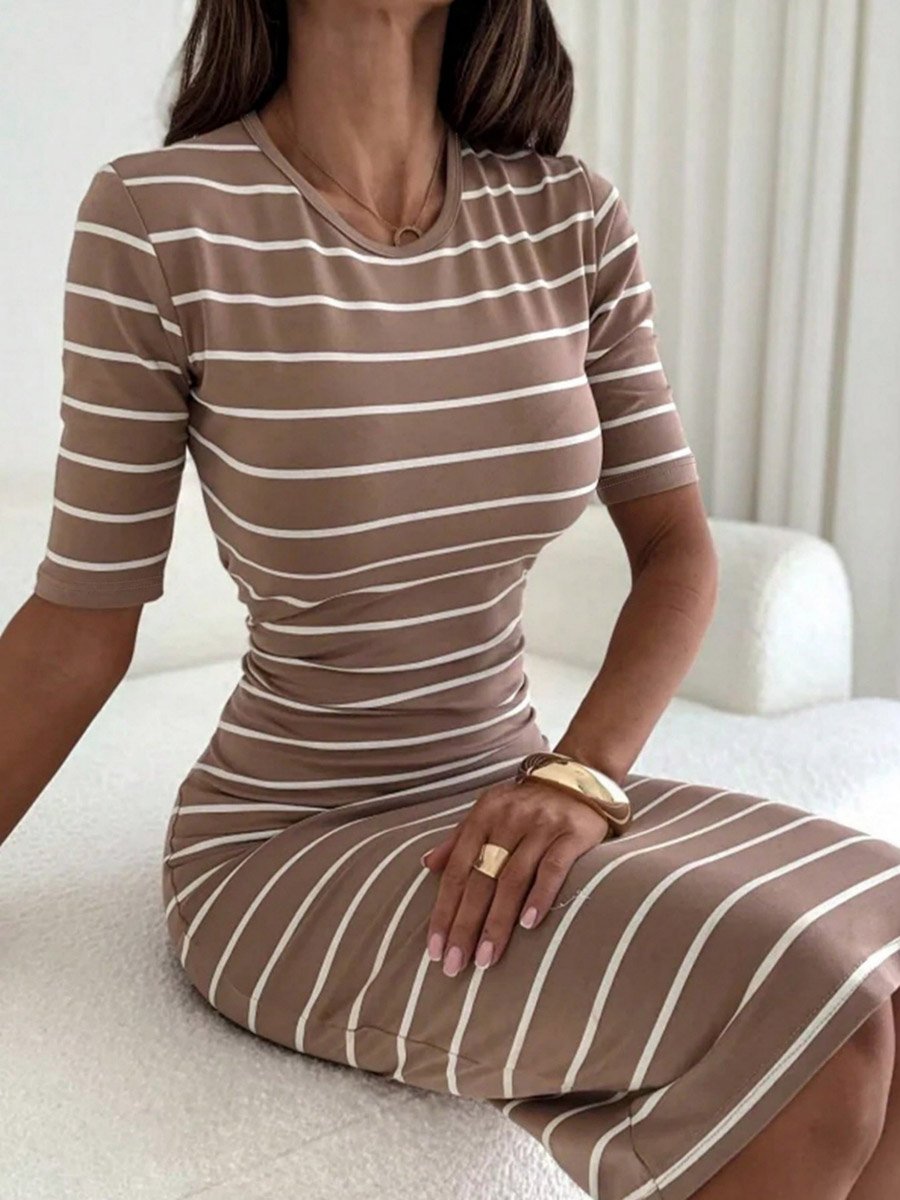 Striped T-Shirt Midi Dress with Short Sleeve and Round Neck