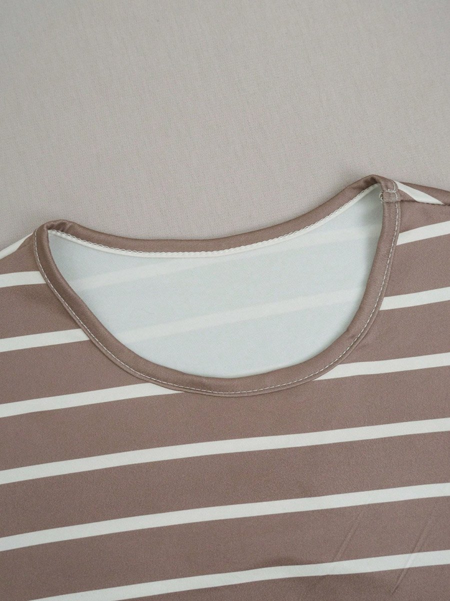 Striped T-Shirt Midi Dress with Short Sleeve and Round Neck