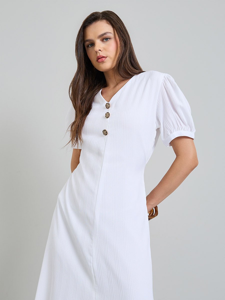 White Puff Sleeves A-Line Midi Dress