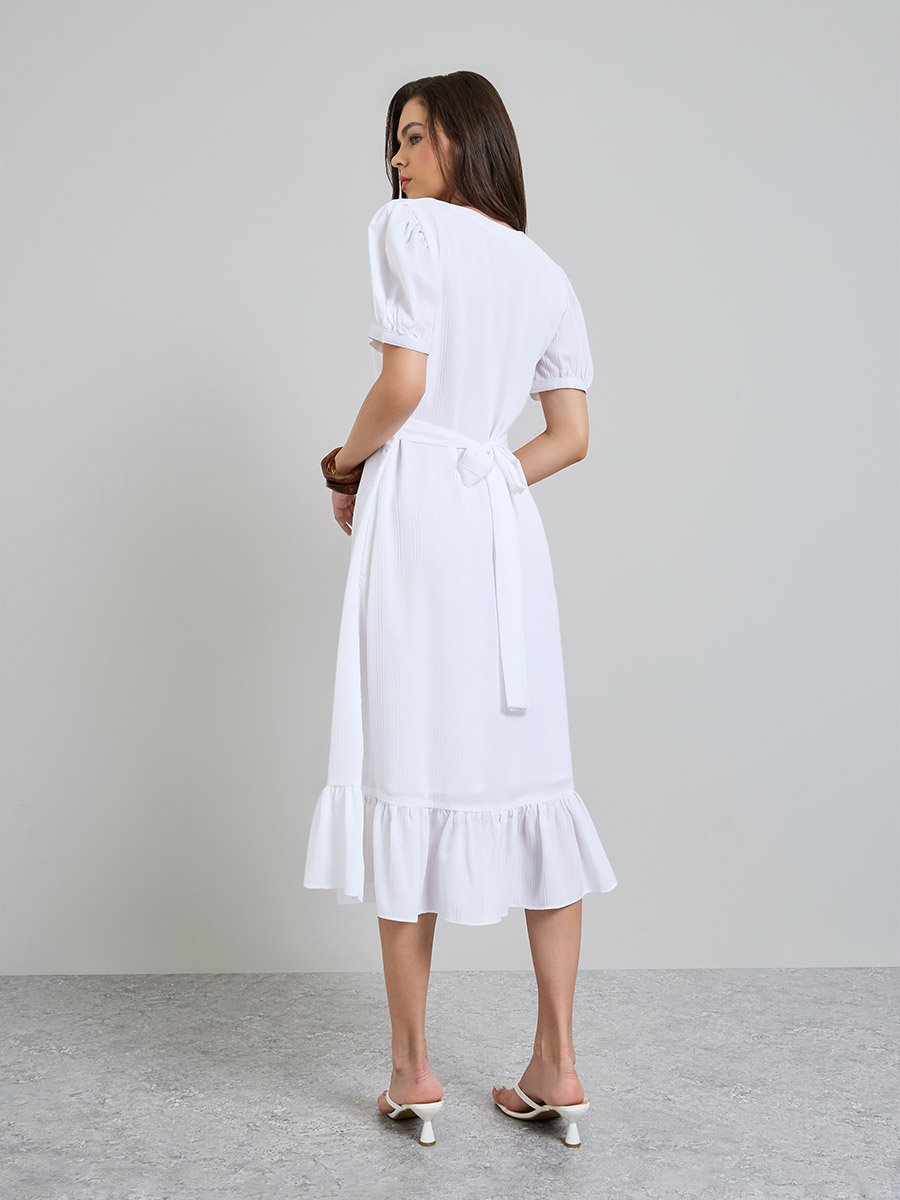 White Puff Sleeves A-Line Midi Dress