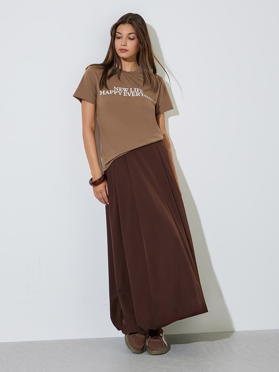 Brown Slogan Print Round Neck T-Shirt