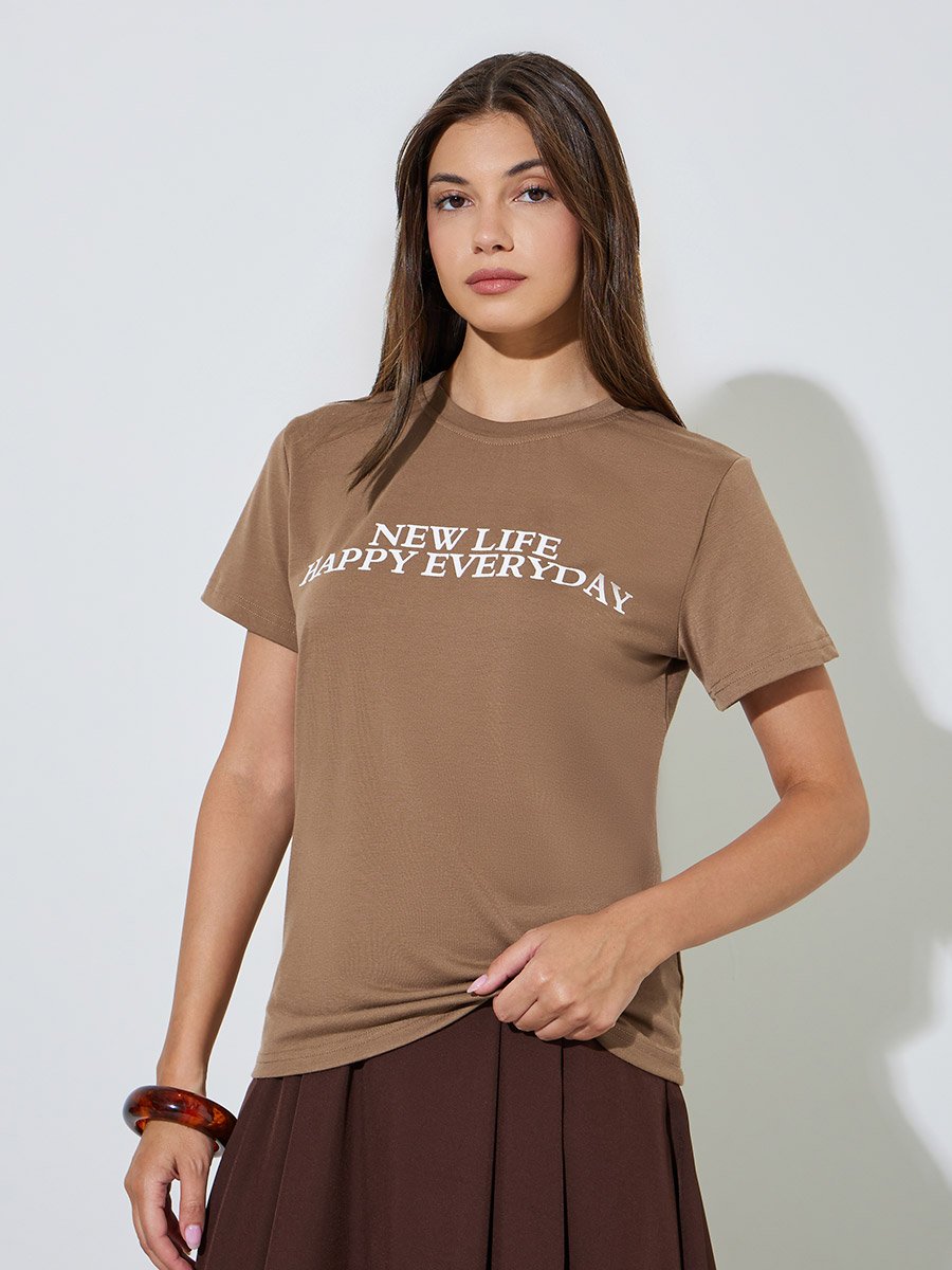 Brown Slogan Print Round Neck T-Shirt