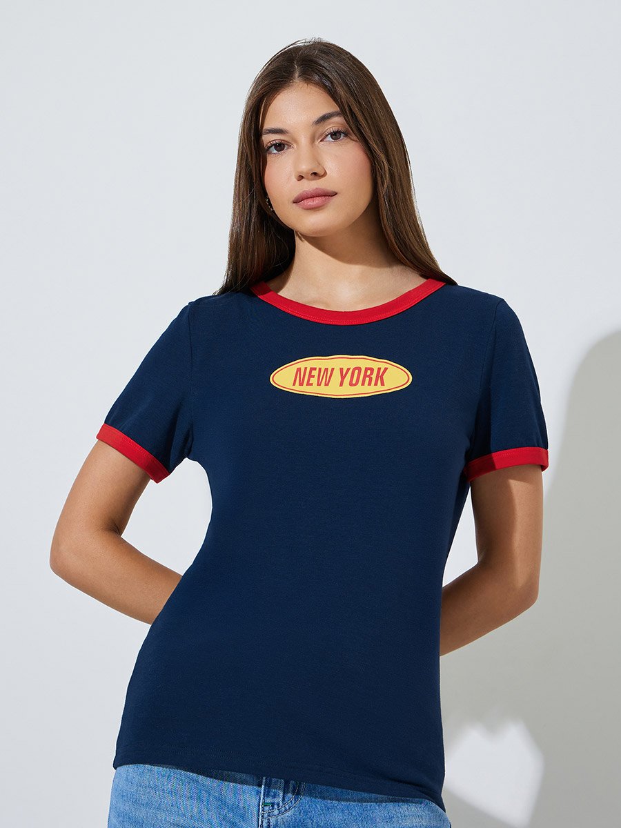 Dark Blue Text Print Ringer T-Shirt