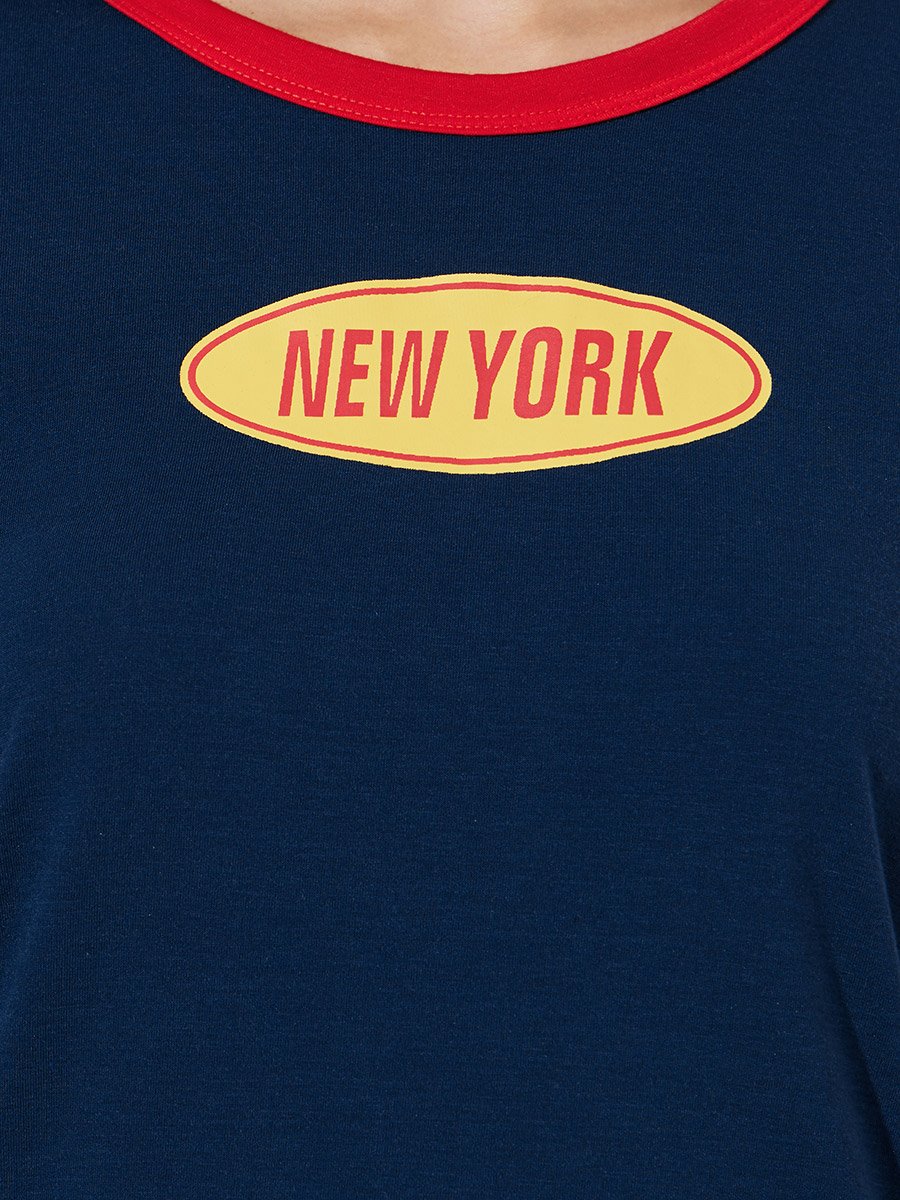 Dark Blue Text Print Ringer T-Shirt