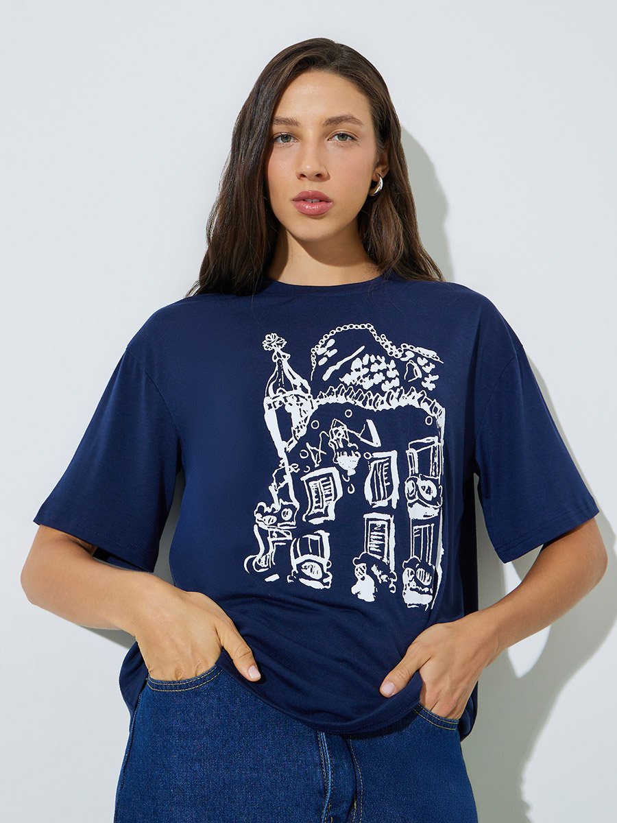 Navy Blue Relaxed Fit Graphic Print T-Shirt