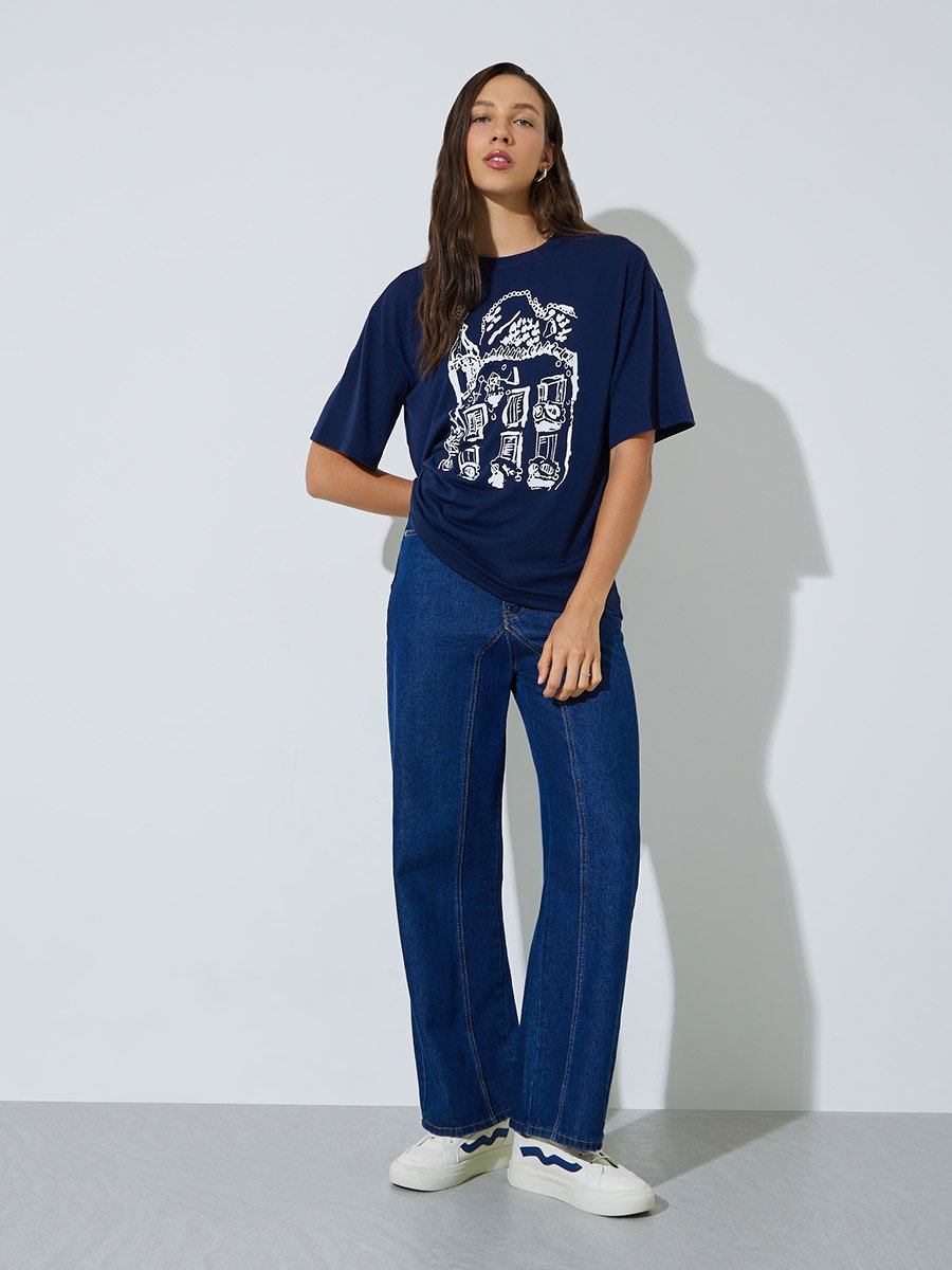 Navy Blue Relaxed Fit Graphic Print T-Shirt