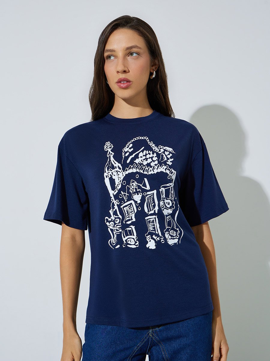 Navy Blue Relaxed Fit Graphic Print T-Shirt