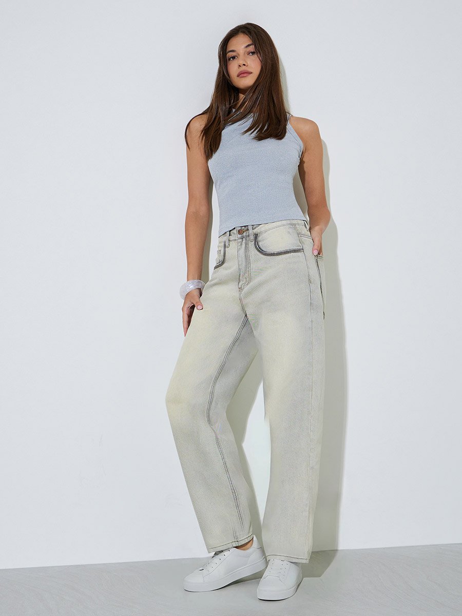 Acid Blue Mid Rise Wide Leg Jeans