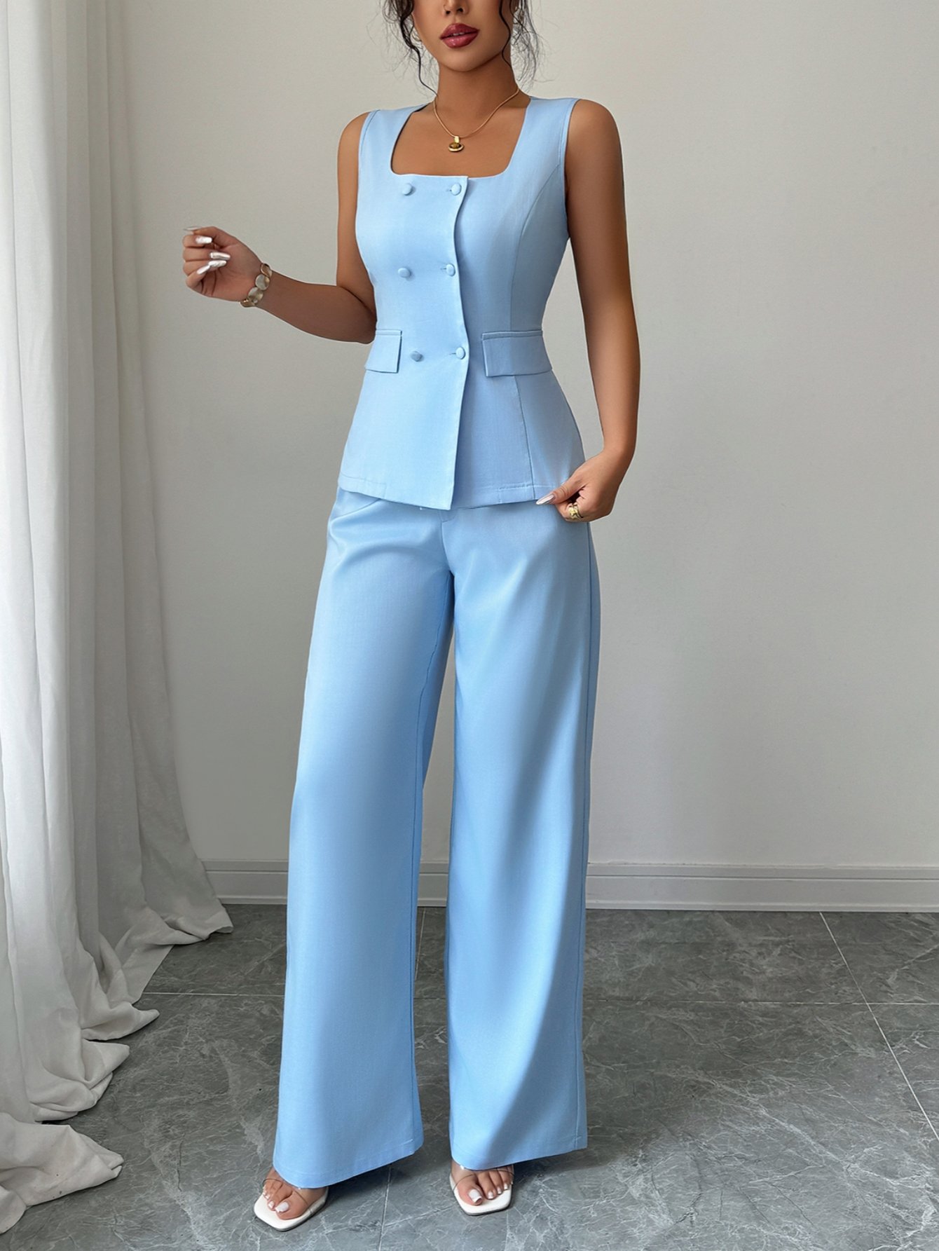 Blue Square Neck Waistcoat and Wide Leg Trousers Co-ord Set