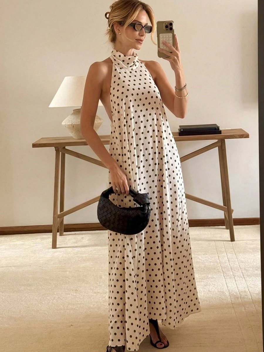 Beige Polka Dot Sleeveless Halter Maxi Dress