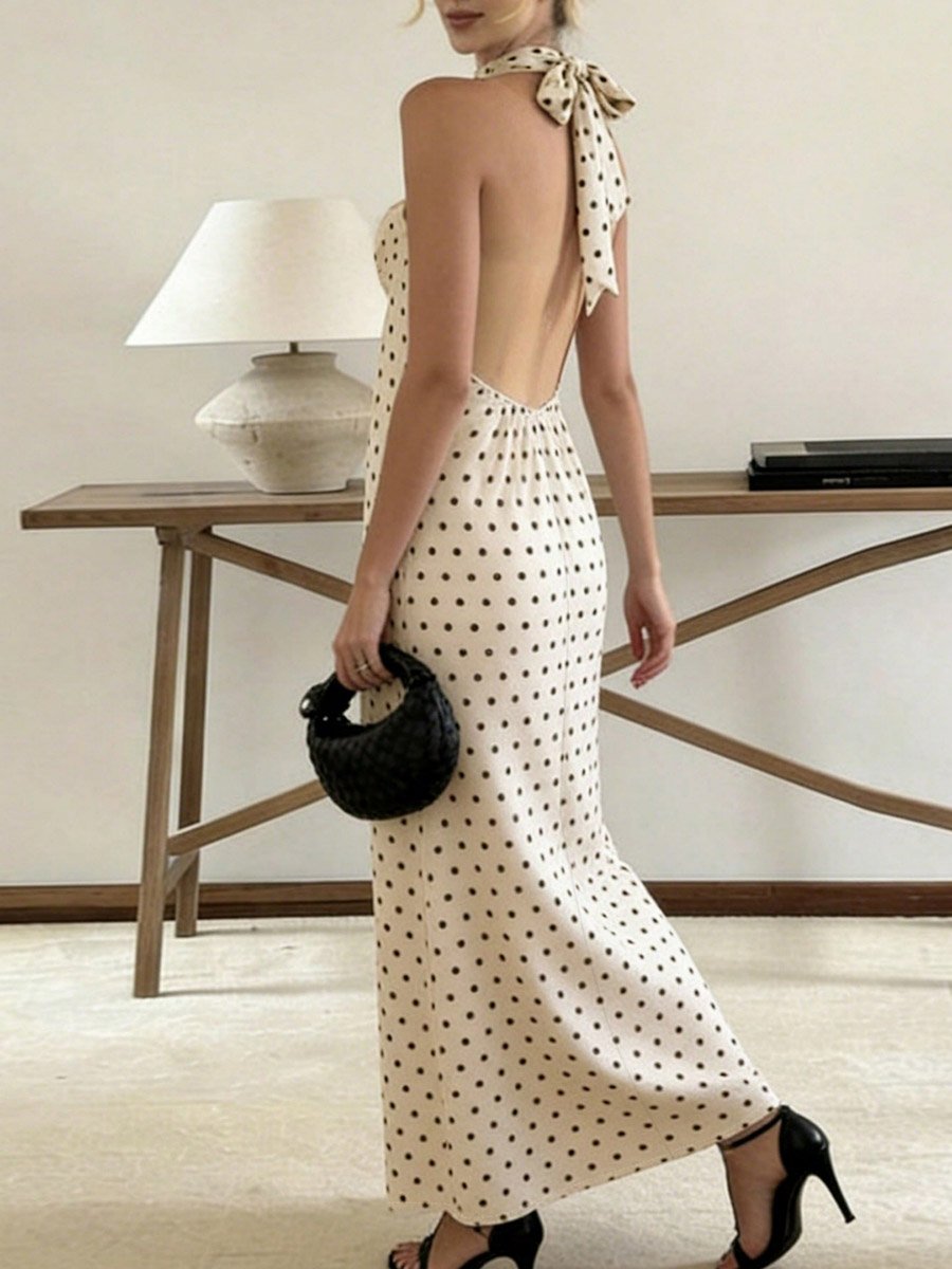 Beige Polka Dot Sleeveless Halter Maxi Dress