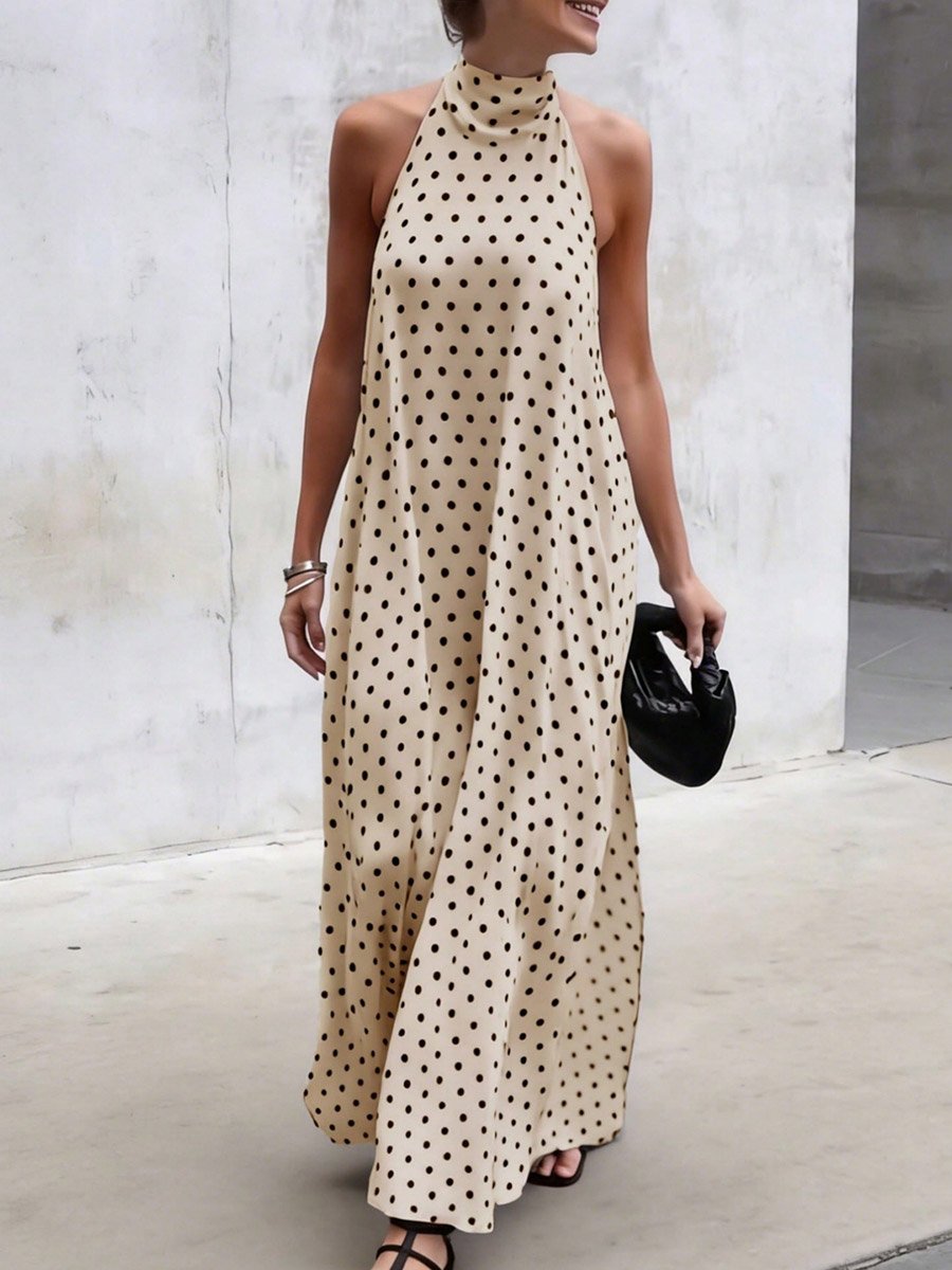 Beige Polka Dot Sleeveless Halter Maxi Dress