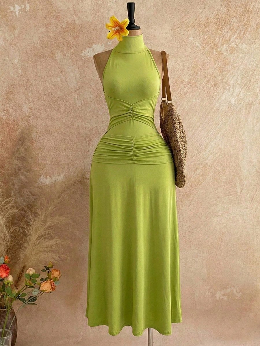 Green Ruched Halter Neck Wiggle Maxi Dress
