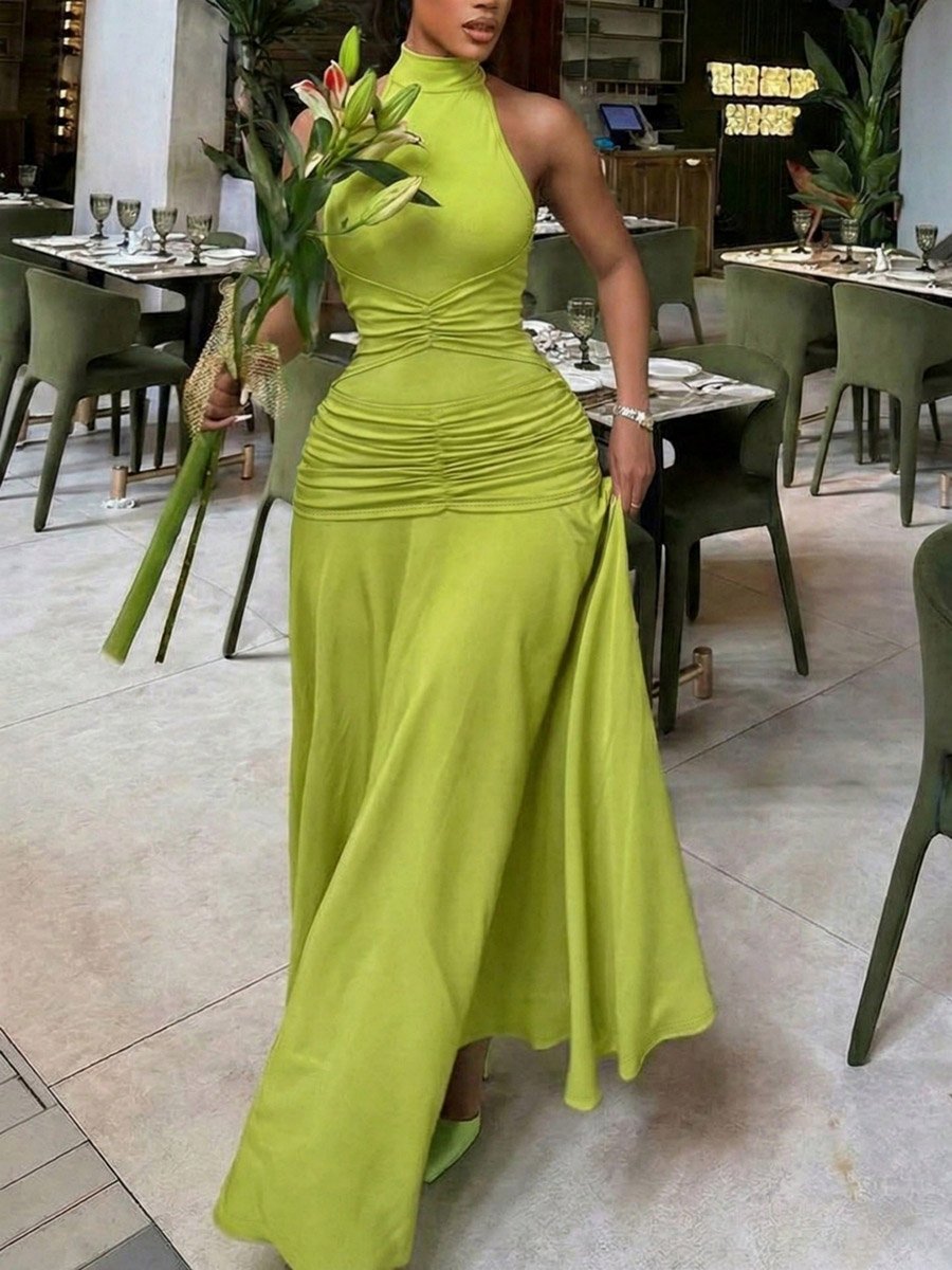 Green Ruched Halter Neck Wiggle Maxi Dress