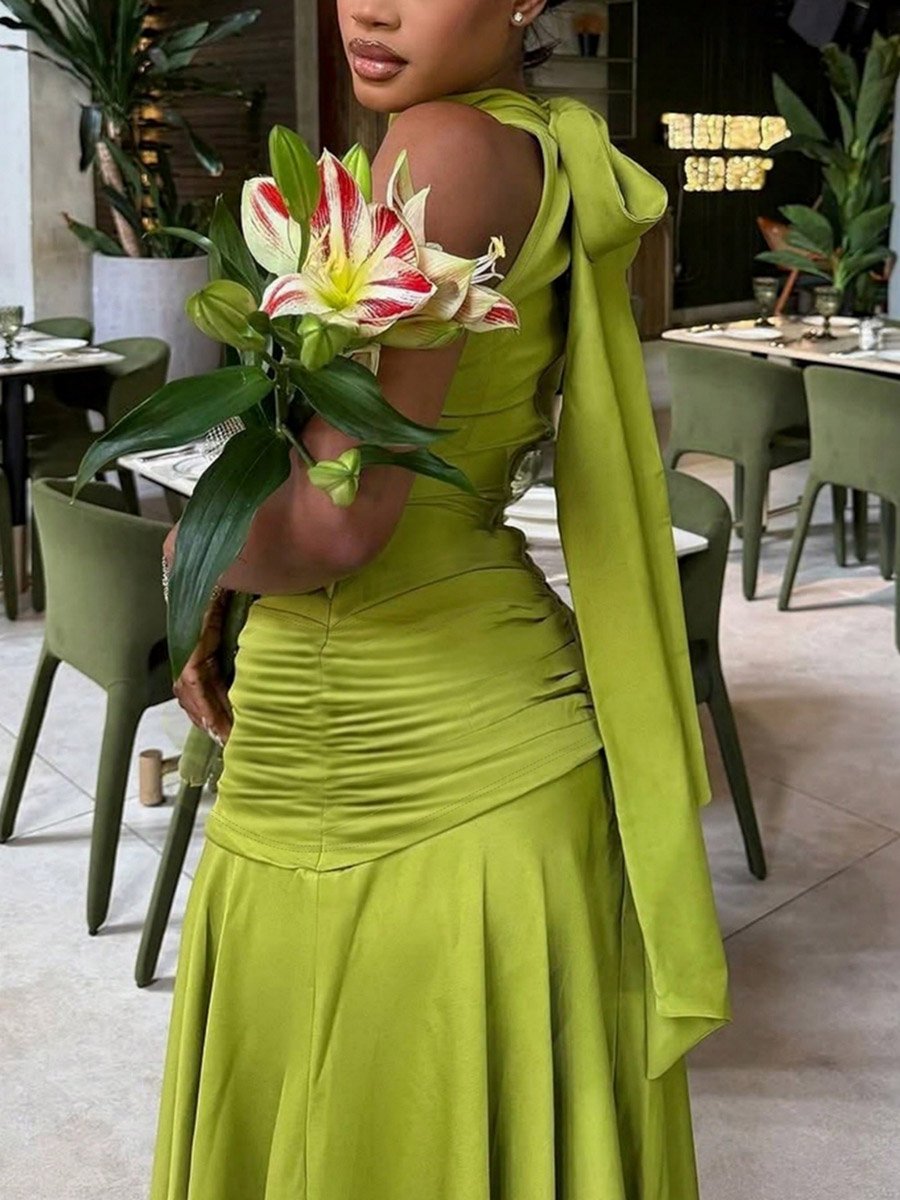 Green Ruched Halter Neck Wiggle Maxi Dress