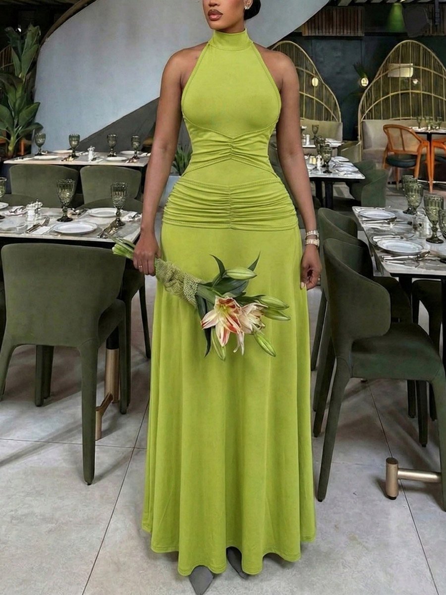 Green Ruched Halter Neck Wiggle Maxi Dress