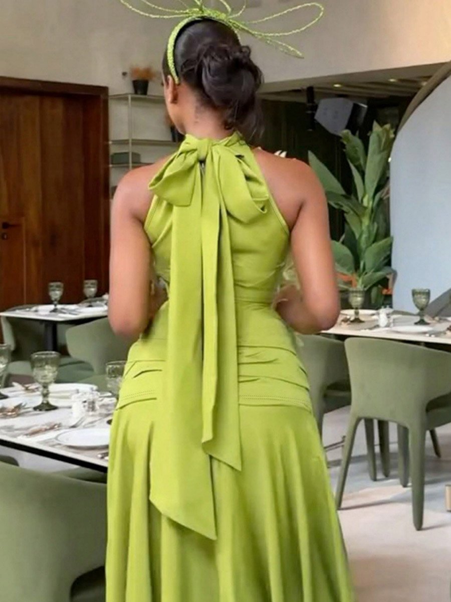 Green Ruched Halter Neck Wiggle Maxi Dress
