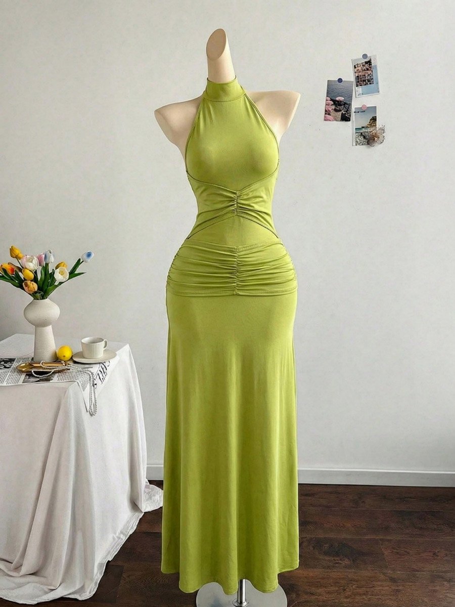 Green Ruched Halter Neck Wiggle Maxi Dress