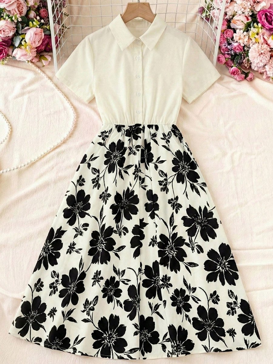 Floral Print Midi A-Line Dress with Short Sleeves