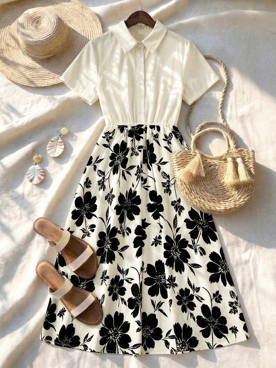 Floral Print Midi A-Line Dress with Short Sleeves
