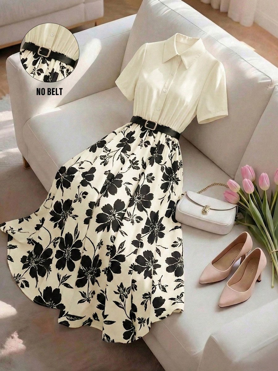 Floral Print Midi A-Line Dress with Short Sleeves