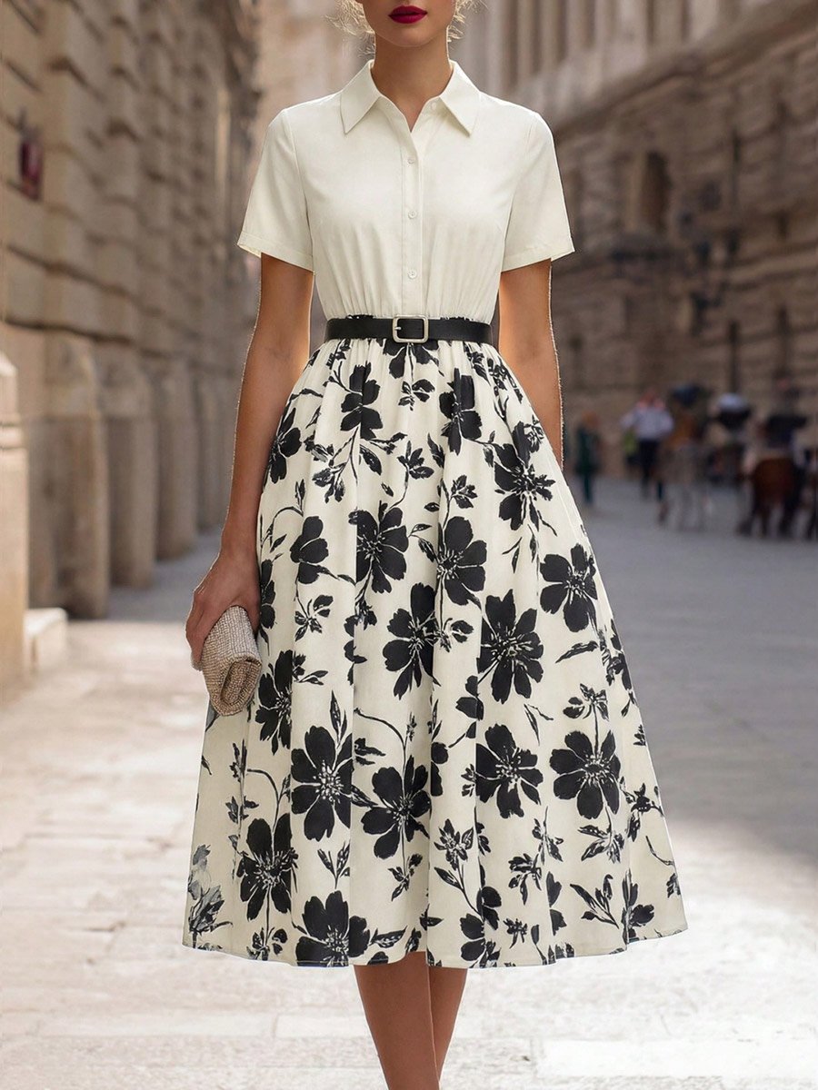 Floral Print Midi A-Line Dress with Short Sleeves