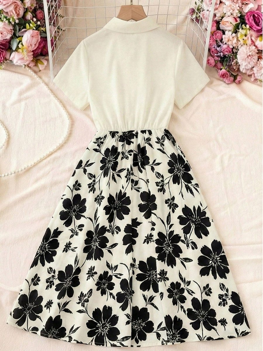 Floral Print Midi A-Line Dress with Short Sleeves