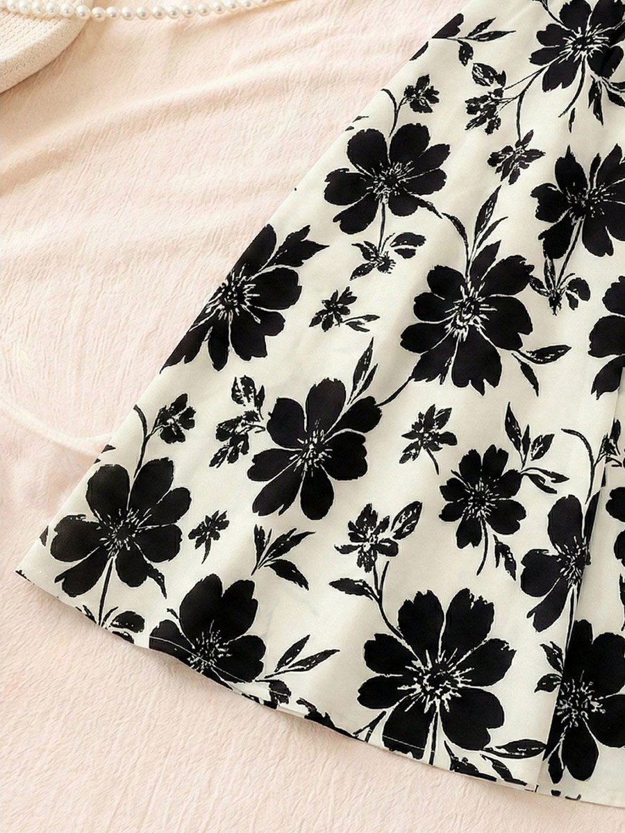 Floral Print Midi A-Line Dress with Short Sleeves