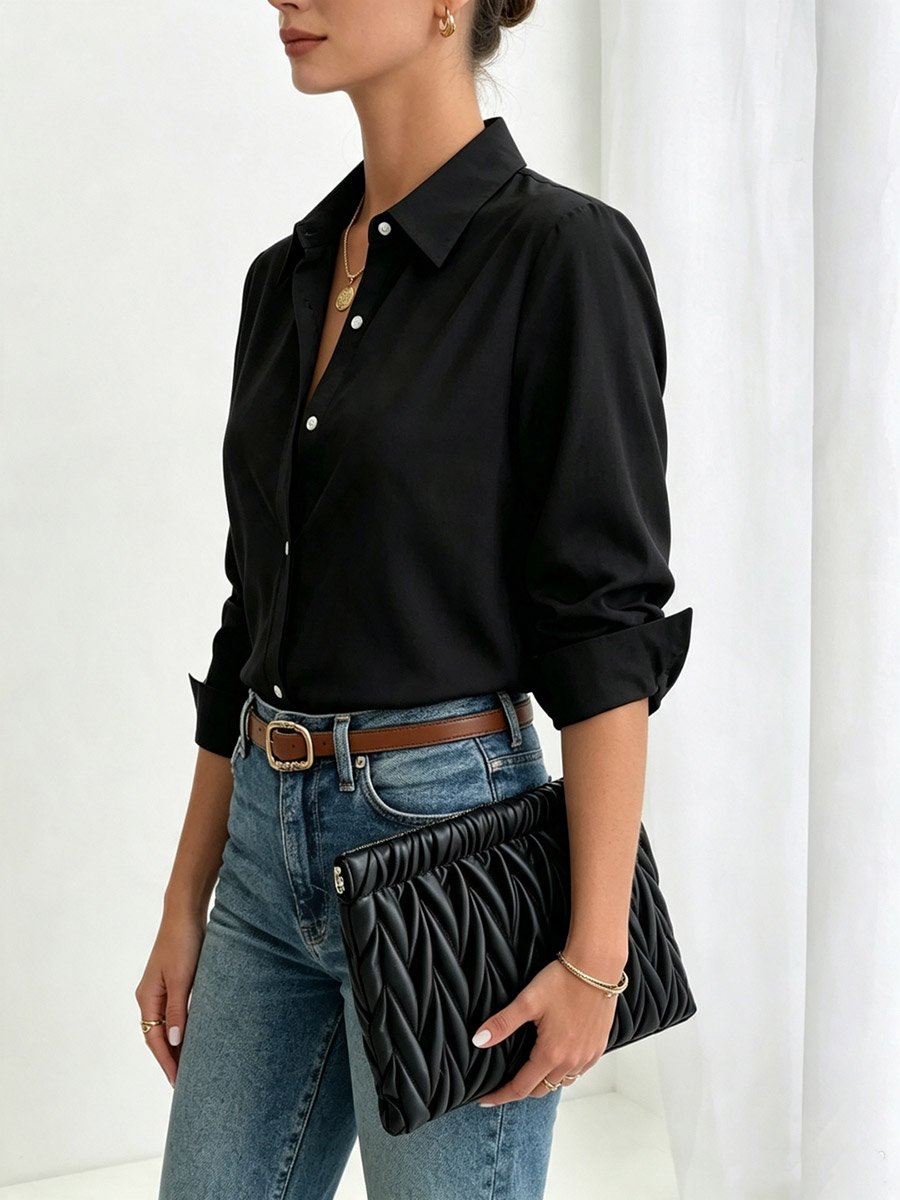 100% Cotton Black Textured Long Sleeve Shirt
