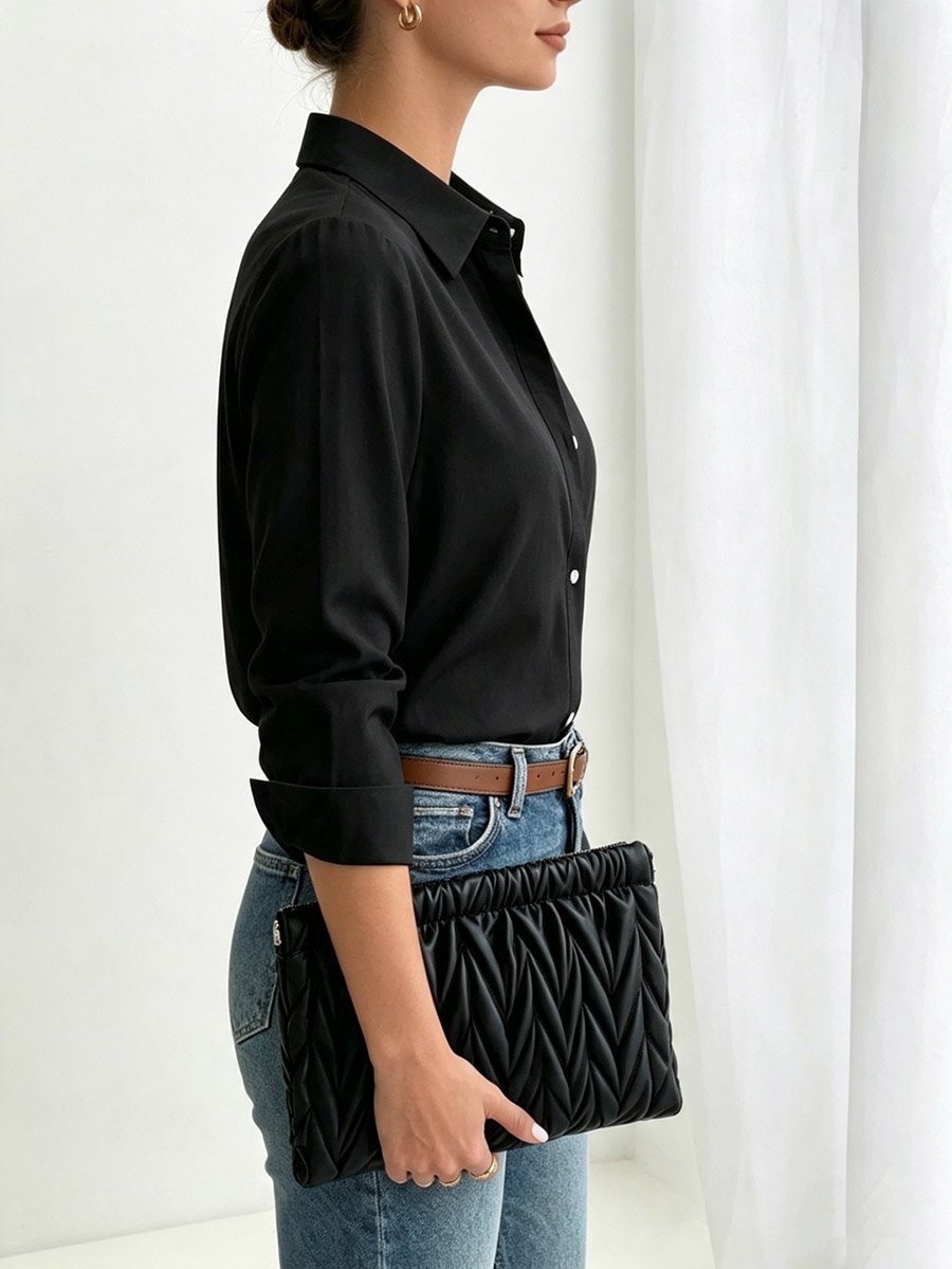 100% Cotton Black Textured Long Sleeve Shirt