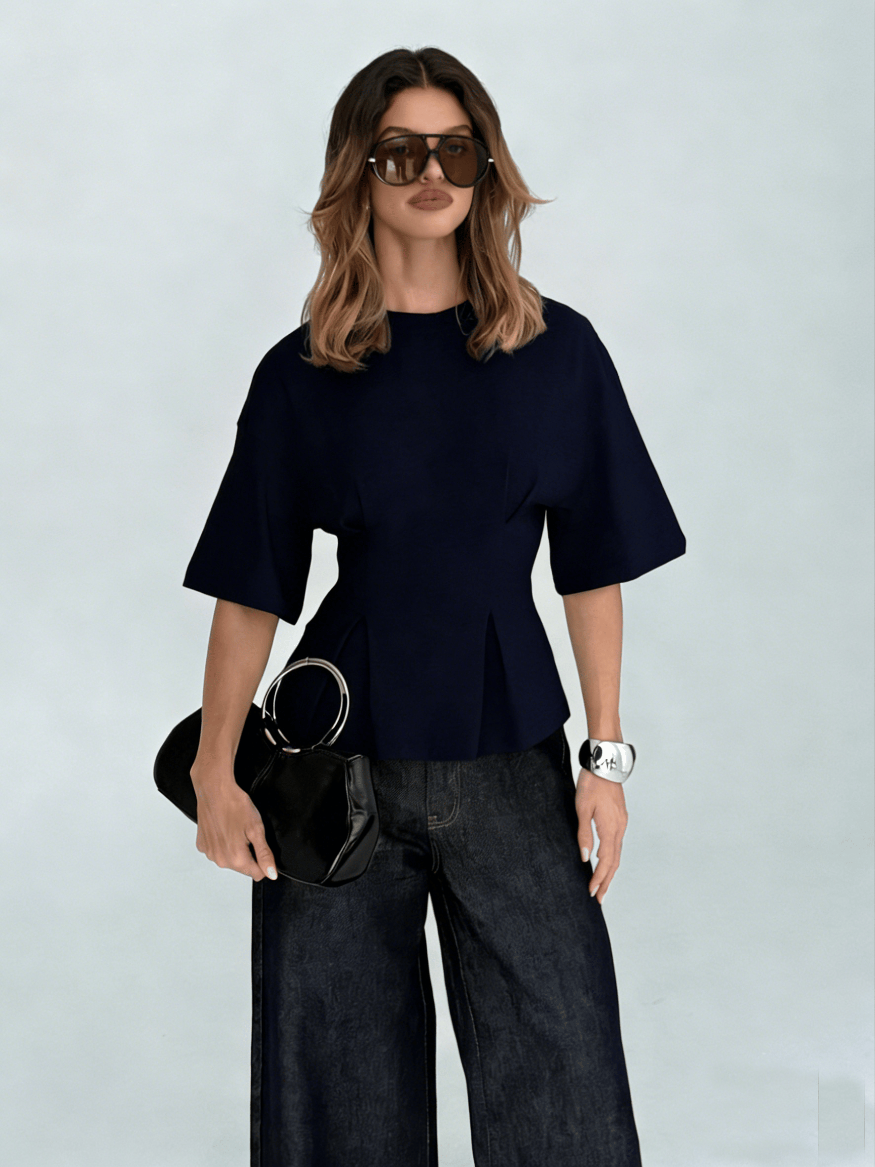Navy Blue Fitted Waist Peplum-Style Top
