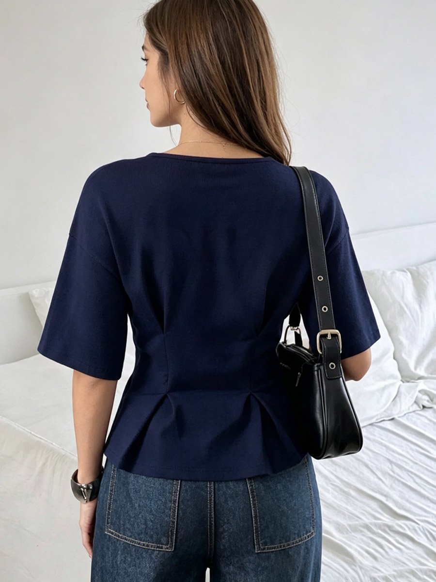 Navy Blue Fitted Waist Peplum-Style Top