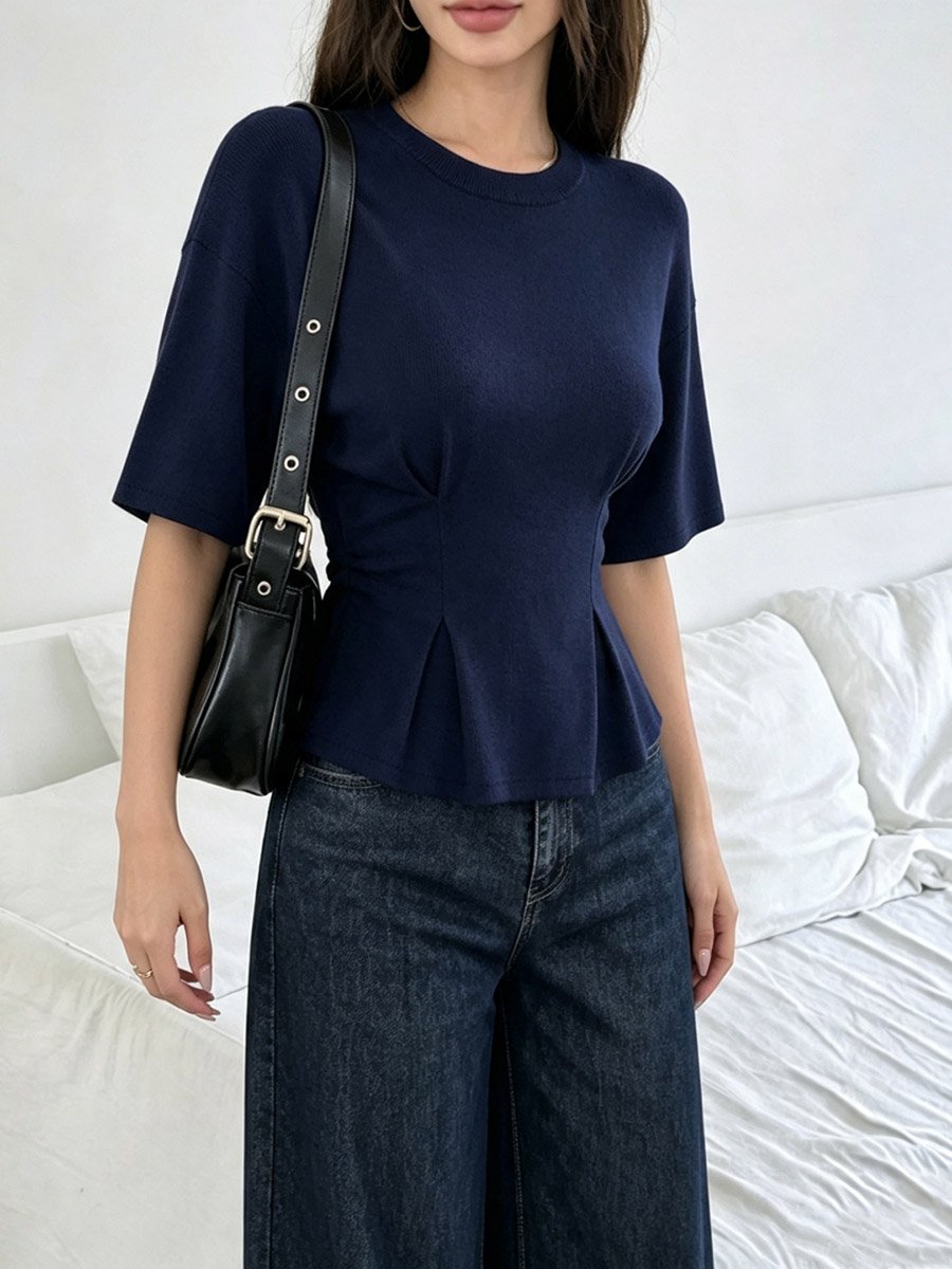 Navy Blue Fitted Waist Peplum-Style Top