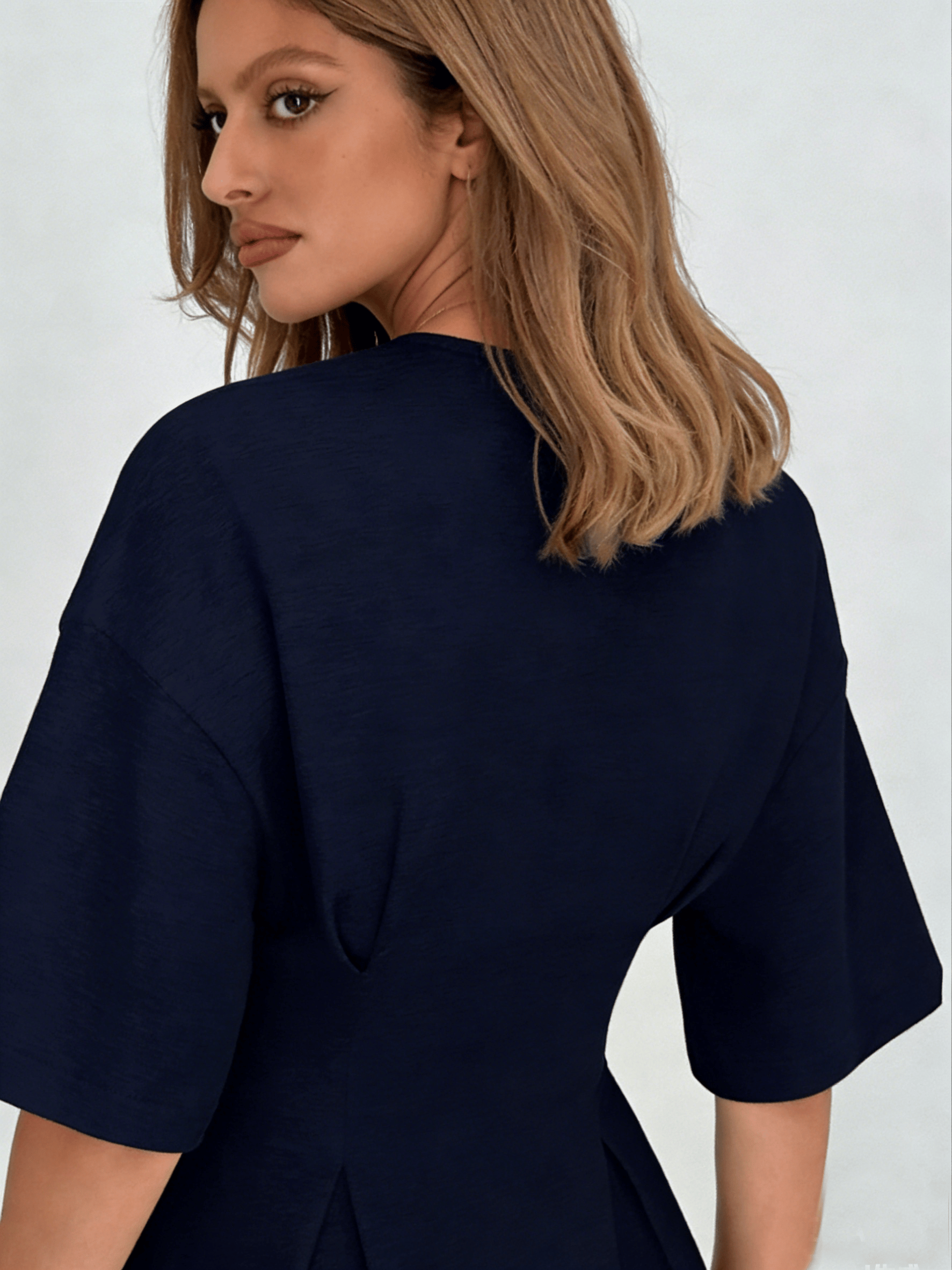 Navy Blue Fitted Waist Peplum-Style Top