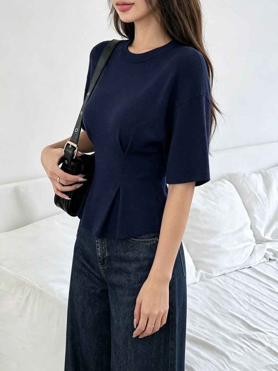 Navy Blue Fitted Waist Peplum-Style Top
