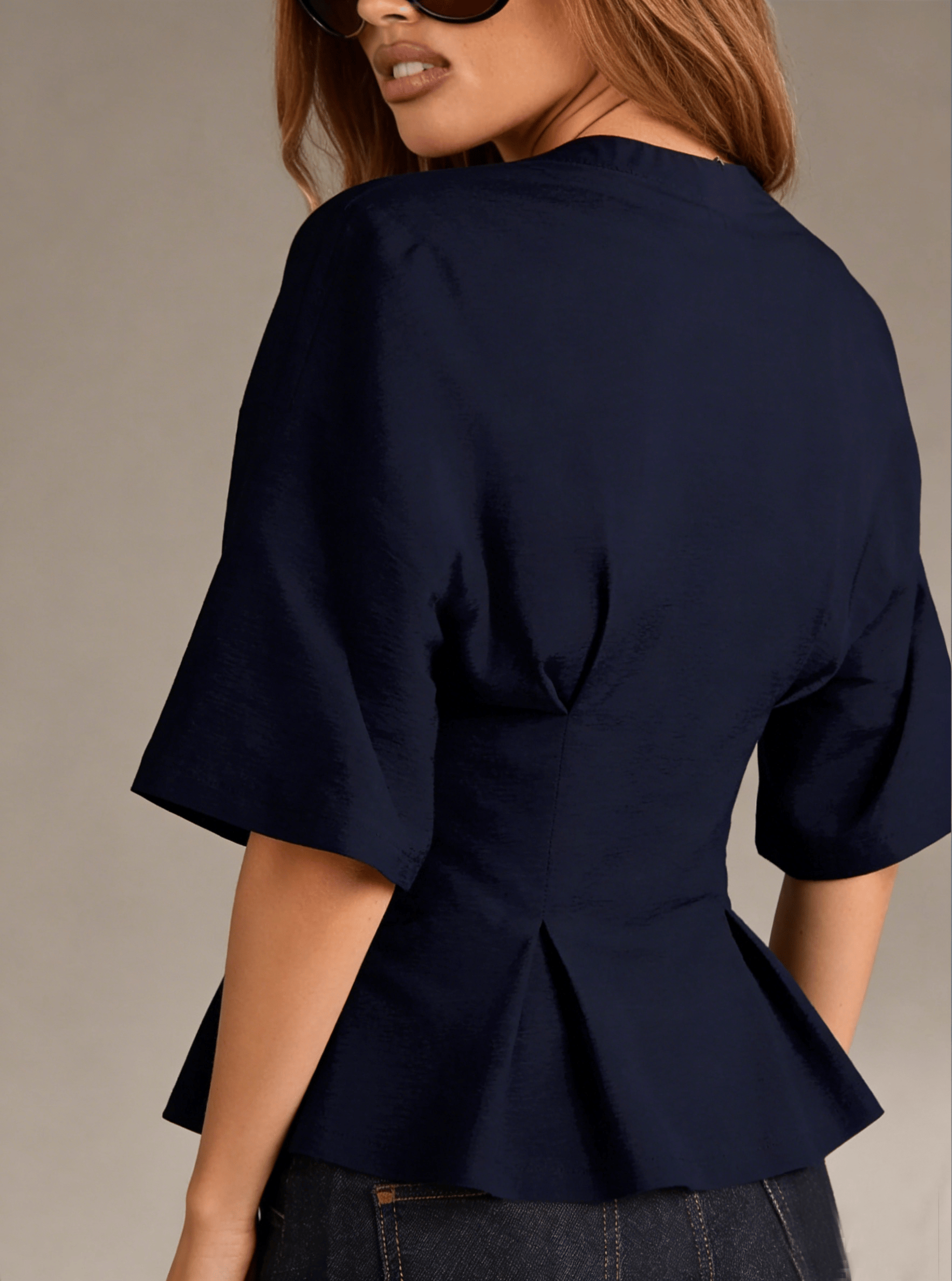 Navy Blue Fitted Waist Peplum-Style Top