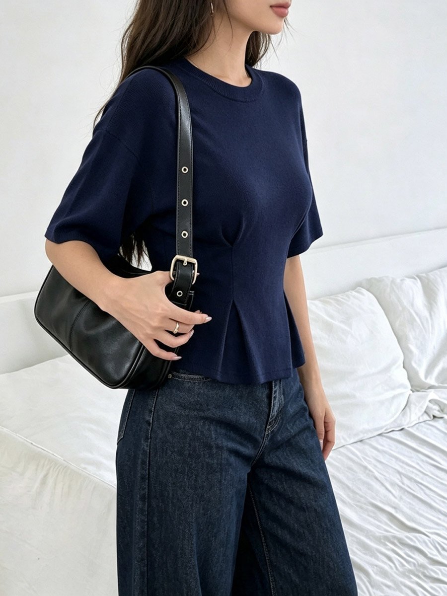 Navy Blue Fitted Waist Peplum-Style Top