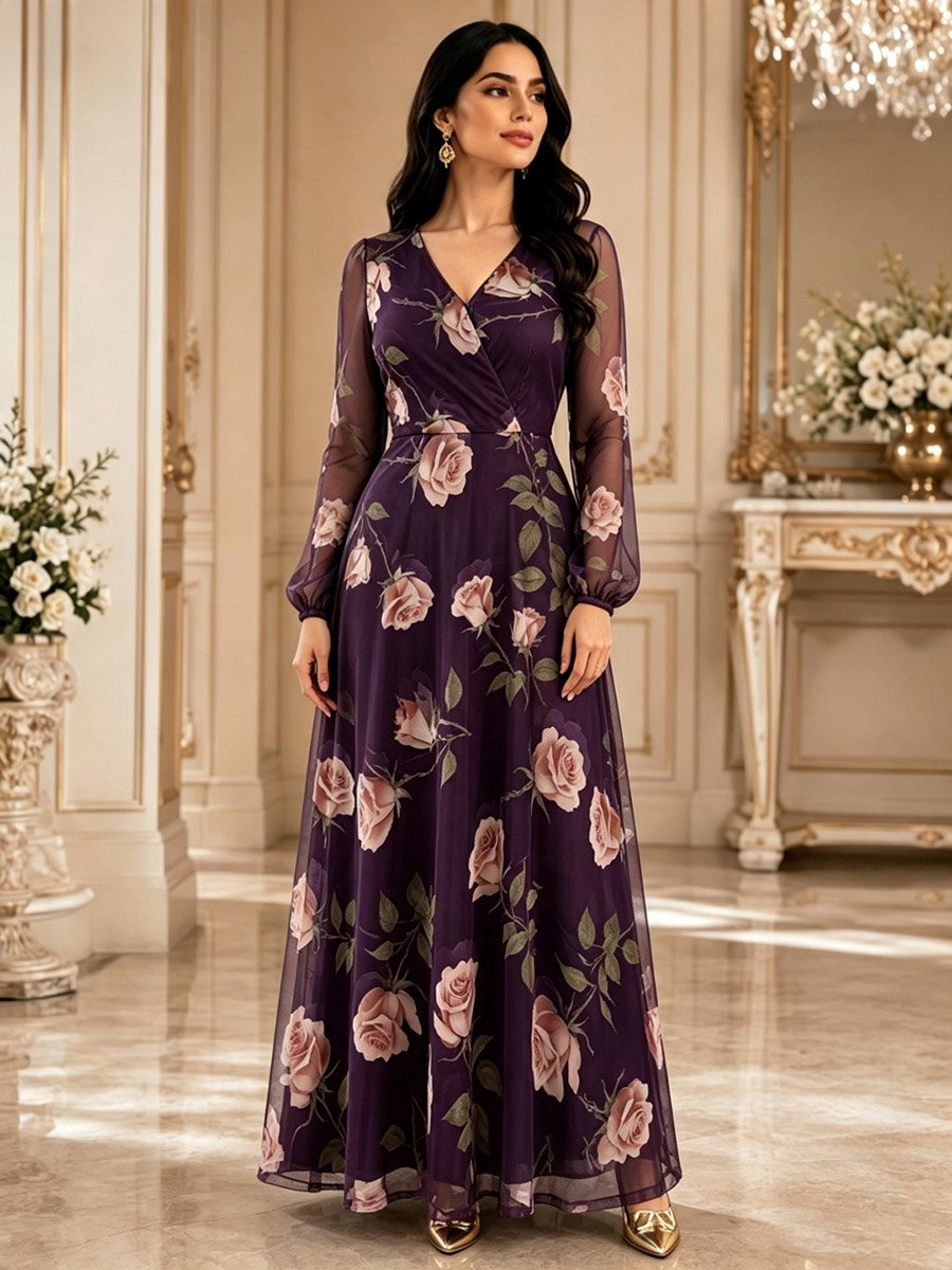 Purple Rose Print V Neck A-Line Maxi Dress