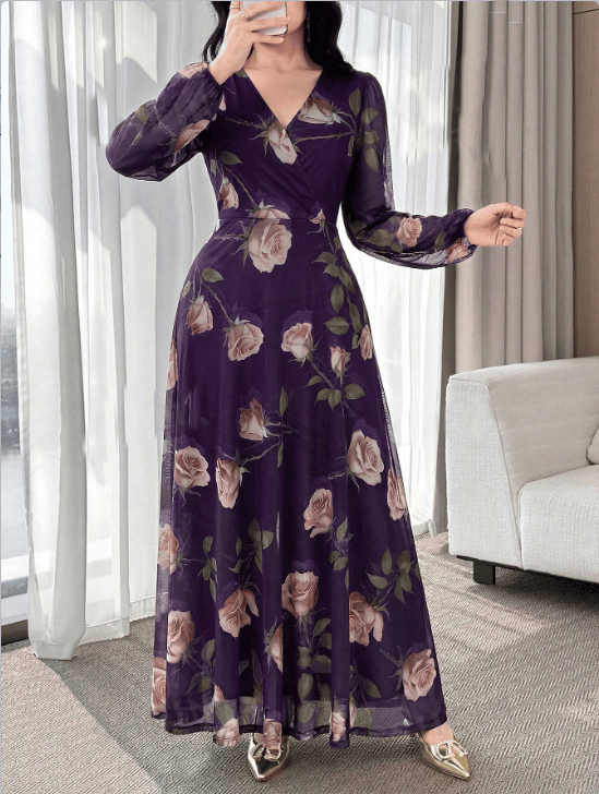 Purple Rose Print V Neck A-Line Maxi Dress