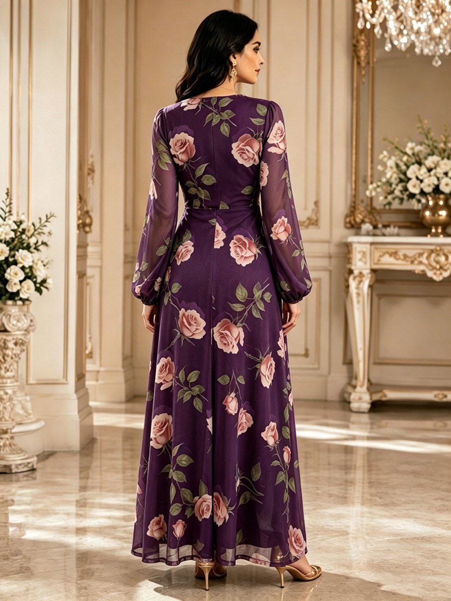 Purple Rose Print V Neck A-Line Maxi Dress