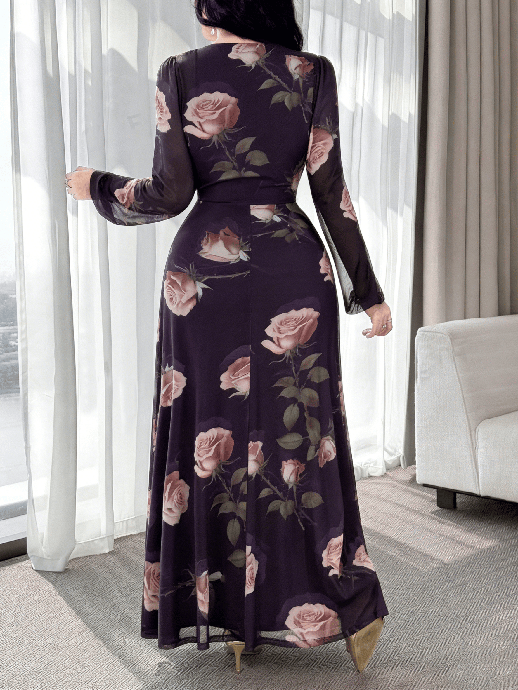 Purple Rose Print V Neck A-Line Maxi Dress