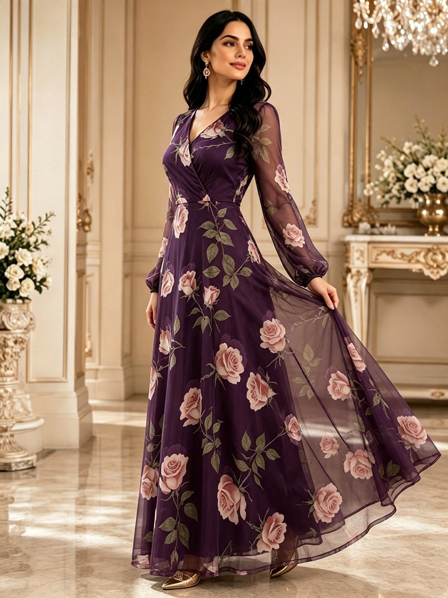 Purple Rose Print V Neck A-Line Maxi Dress