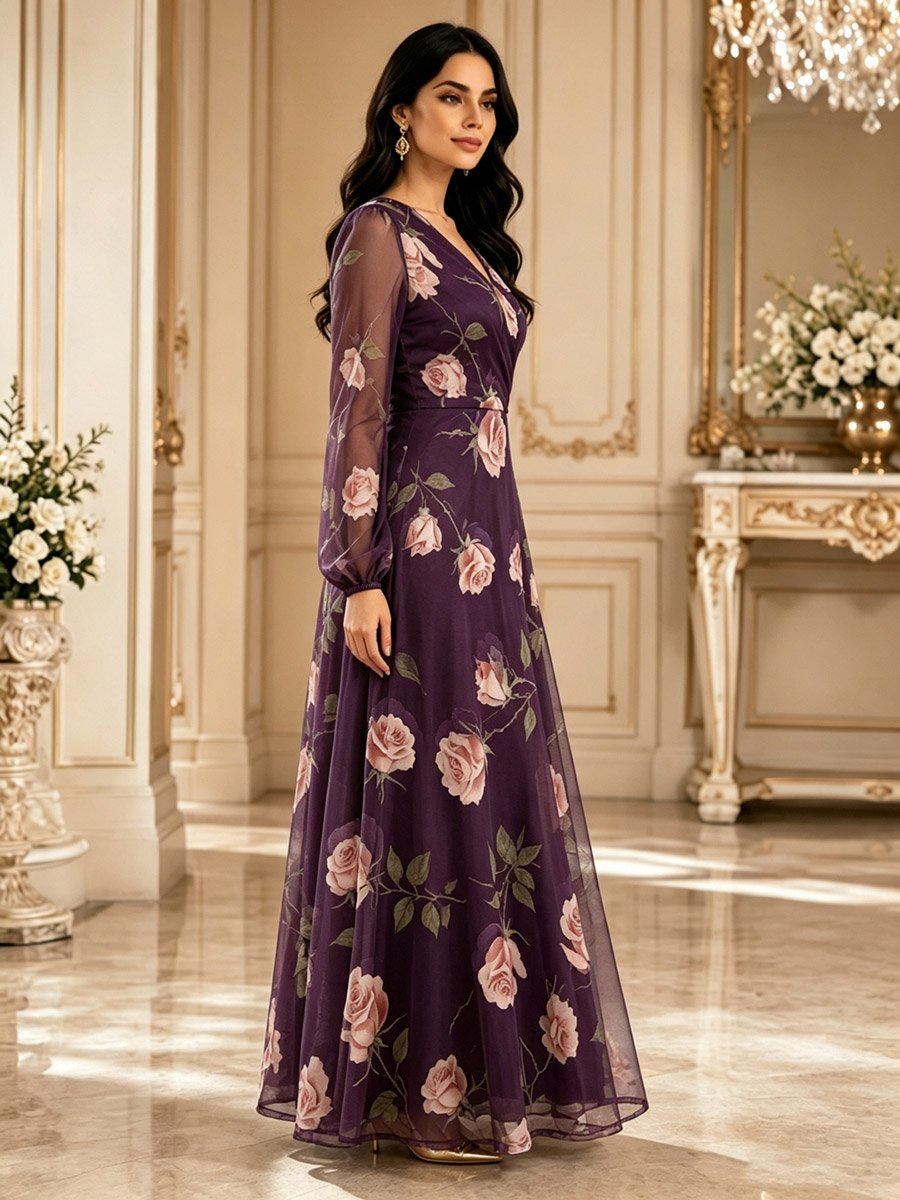 Purple Rose Print V Neck A-Line Maxi Dress